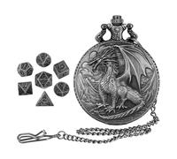 Role Playing Dice Set with Pocket Watch Case - Dragon Pattern Travel Box for | Mythical Bronze Zinc Alloy with Engraved Hinged Shell & Mini Polyhedral Pieces for, TTRPG and