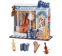 Rolife Maquetas Melody Instrument Shop-63 Piezas DIY Miniature House Diorama, Casas Miniaturas para Montar Puzzle 3D Madera Book Nook para Adultos ¡Ningún Pegamento Necesario