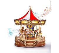 Rolife Puzzle 3D de Madera Carrusel Clásico Caja Musical de Madera con Luces y Música Clásica Kits de Modelos para Adultos para Construir Decoración del Hogar Regalo de Cumpleaños para Todas