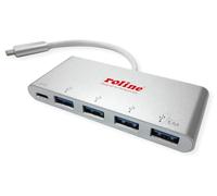 ROLINE Hub USB 3.2 Gen 1, 4 Puertos, Cable de conexión Tipo C, con 1 Puerto PD