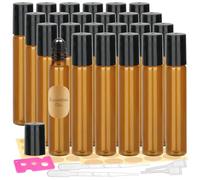 Roll on Botellas de cristal para aceites esenciales, vacías, con bola de acero inoxidable, botellas de rollon marrón con abridor, gotero, pajita, etiquetas para aceites esenciales, perfume, masajes