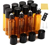 Roll on para Aceites Esenciales 10ml 12 Pcs Botellas de Cristal Rellenable para Perfume, Bola de Acero Inoxidable para Masajes, Mezclas de Aromaterapia, de Laboratorio (Marrón)