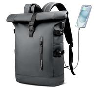 Roll Top Laptop Backpack for Men Women, Expandable Casual Daypack for 15.6 Inch Macbook Water-Resistant Commuter Laptop Rucksack Large Capacity Adjustable 18-27L for Work Business College-Grey