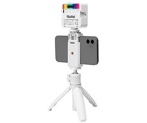 Rollei Comfort Desktop LED Set en Blanco, Mini trípode con luz LED de vídeo RGB, Cabezal esférico y Soporte para Smartphone, Ideal para Vloggers y Bloggers