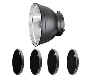 Rollei Kit de Reflector de 55° con Rejillas, Reflector de 55 Grados, 4 Diferentes para una óptima dispersión de la luz. Conector Tipo S Bowens 28176, Color Negro