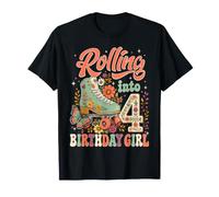 Rolling Into 4th Birthday Girl Floral Roller Skate Party Camiseta