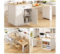 Rolling Island - Mesa de comedor extensible Sto 133202 cm Buffet con 2 estantes laterales, mesa de bar blanca para comedor y