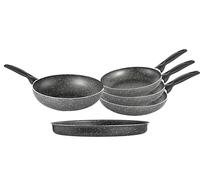 RollitPop Juego de 5 piezas: 3 sartenes antiadherentes de aluminio efecto piedra Ø 20-24-28 cm, 1 wok Ø 28 cm, no inducción, 1 bandeja para pizza Ø 34 cm, fabricado en Italia