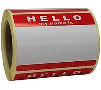 Rollo de 250 etiquetas «Hello My Name Is»’ rojo y blanco de 8 cm x 6 cm, sin logo