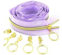 Rollo de cremallera de nailon n.° 5 con deslizadores dorados o plateados para costura doméstica DIY, 5 metros.,Oro - Morado claro,5 metros - 10 deslizadores