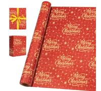 Rollo de papel de regalo rojo de 15 m, 43 cm, papel kraft reciclable con la frase "Feliz Navidad" y una estrella para Navidad, cumpleaños, baby shower y decoración de fiestas