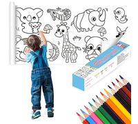 Rollo de papel para colorear infantil de 3 m, rollo de papel de pintura, rollo de dibujo, cortable, autoadhesivo, con 12 lápices de colores, para niños, estudiantes, regalos de cumpleaños (estampados