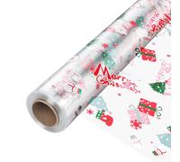 Rollo de Papel Regalo Transparente Navideño 45cm x 30m, Papel Celofán Resistente de 3 Mil con Diseño de Muñecos y Motivos Festivos para Fiestas