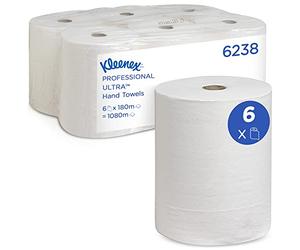 Rollo de toallas de papel Kleenex Ultra 6238 - Toallas secamanos de papel de 2 capas - 6 rollos x 180 m de toallas secamanos blancas (1080 m en total)