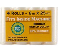 Rollos de 6 pulgadas x 25 pies (se adapta a máquina interior), paquete de 4 rollos de sellador al vacío OutOfAir de 100 pies en total. Funciona con selladores al vacío FoodSaver. 33% más grueso, sin