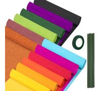 Rollos de papel crep de 12 colores, hojas de papel crep de 25 x 248 cm de ancho con alambre floral y cintas florales verdes para envolver regal