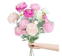 ROLLWAY 5 racimos de flores artificiales como peonías auténticas y ranúnculos, grandes, 51 cm, ramo de flores