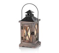 Romadedi Farol de madera, portavelas para jardín, rústico, rústico, con metal y cristal, para velas, vintage, boda, fiesta, Navidad, decoración de mesa interior y exterior, 28 cm