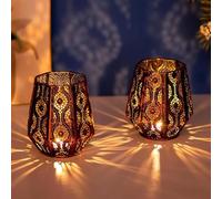 Romadedi Farolillos marroquíes dorados, juego de 2 farolillos decorativos de metal para velas de pilar, Navidad, Ramadán, Halloween, jardín al aire libre