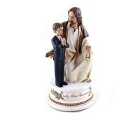 Roman My First Communion Young Boy with Jesus 7 Inch Resin Stone Musical Figurine Plays The Lord's Prayer