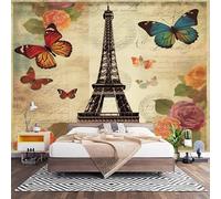 Romance Mariposas Flores Torre Eiffel Papel Pintado Fotomural de Tela No Tejida, Decoración de Pared para Salón, Dormitorio, Oficina y Comedor, Retro Revestimiento Decorativo de Interior 200x140 cm