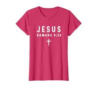Romanos 8:28 8 28 Fe - Dios Jesús Religioso Cristiano Camiseta, Mujer, Rojo Jaspeado, S