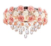 Romantic Ceramic Rose Flower Chandelier Crystal Pendant Lamp Flush Mount Hanging Ceiling Light Fixture for Girl Bedroom Living Dining Room Restaurant Decoration, Pink(Dia 19.68Inch)