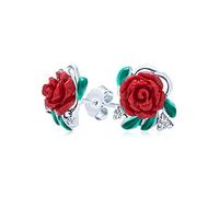 Romantic Delicate Floral Blooming Flower Cz Green Cz Hoja 3D Tallada Red Rose Pendientesboton Para Mujer Adolescente .925 Sterling Silver