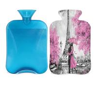 Romantic France - Botella de agua caliente con tapa de la Torre Eiffel de París de 2 L, bolsa de agua de gran capacidad para noches acogedoras, alivio del dolor, espalda, cuello y hombros
