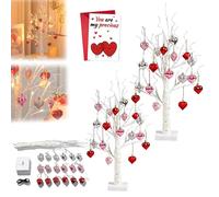Romantic Heart-Shaped Birch Tree Lamp, Valentines Day Decor Lighted Birch Tree, 24 Inch Lighted White Birchs Trees with 24 LED Lights & 15pcs Hanging Hearts, for Valentines Home Decor (2pcs)