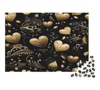 Romantic Hearts-Golden Ornate Design Adult Jigsaw Games Golden Hearts on Black Background Challenging & Brainteasing for Decompression 52x38cm/1000pcs