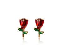 Romantic Red Rose Flower Small Leaves Jewelry Ladies Creative Fashion Party Banquet High-End Earrings