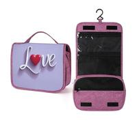 Romantic Word Love - Neceser de viaje con diseño de corazón rojo para mujer, organizador de maquillaje colgante con gancho para champú