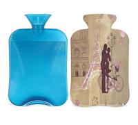 Romántica botella de agua caliente con diseño de la Torre Eiffel de París con tapa, 2 L, bolsa de agua de gran capacidad para noches acogedoras, alivio del dolor, espalda, cuello y hombros