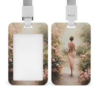 Romántica mujer caminando a través de rosas, soporte retráctil para tarjetas de identificación, protector de tarjetas, placa de nombre, para trabajo, oficina, médico, enfermera