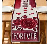 Romántico camino de mesa floral, diseño de corazones de rosas rojas para el día de San Valentín, decoración de cocina, comedor, perfecto para reuniones familiares en el hogar, 33 x 183 cm