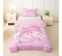 Romántico delfín infantil edredón tamaño S 3D soñadora mariposa amor arco iris decoración manta cubierta para dormitorio Girlish Glitter ondas impresión juego de ropa de cama (1 funda de almohada)