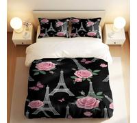 Romántico juego de funda de edredón con diseño de corazón de la Torre Eiffel en oro rosa, ropa de cama floral de ensueño francés, juego de 3 piezas para dormitorio (05, individual 135 x 200 cm + 65 x