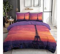 Romántico París Ropa de cama de 200 x 220 cm, puesta de sol Torre Eiffel, estampado suave, funda nórdica de microfibra morada, juego de ropa de cama de 3 piezas con 2 fundas de almohada