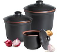 Romertopf Fresche-Topf 3er Set - Ajo, cebolla y patatas Caja de almacenamiento de cerámica - La arcilla transpirable mantiene las verduras frescas durante más tiempo - Negro