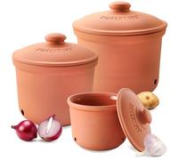 Romertopf Fresche-Topf 3er Set - Ajo, cebolla y patatas Caja de almacenamiento de cerámica - La arcilla transpirable mantiene las verduras frescas durante más tiempo - Terracota
