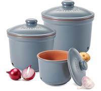 Romertopf Juego de 3 macetas frescas - Ajo, cebolla y patatas Caja de almacenamiento de cerámica - La arcilla transpirable mantiene las verduras frescas durante más tiempo - Azul-gris
