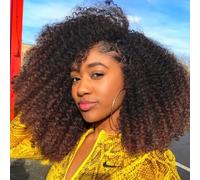 Romface 180% Densidad Afro Kinky Curly Wig, Ombre Castaño, 40 cm, Pelo Humano Rizo, V-Part, Glueless, 1B/30 Rubio