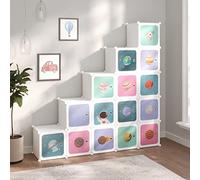 ROMHZKS Estantería para niños con 15 cubos, color blanco, modular de plástico PP impermeable con marco de acero, diseño de dibujos animados, fácil montaje con mazo de madera, hasta 10 kg por