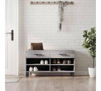 ROMHZKS Zapatero Sonoma gris 102 x 35 x 55 cm de madera con 2 cajones y 4 compartimentos, banco estable con patas de hierro, carga máxima de 110 kg por asiento