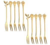 ROMISBABA 10 Piezas Tenedores Decorativos para Frutas de Acero Inoxidable Dorado, Diseño de Dos Puntas, Multifunción y Resistentes para Postres y Ensaladas Vida Diaria