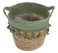 ROMISBABA Cesta de Almacenamiento Pequeña Verde Borlas de Macramé Tejida a Mano Cesta Rústica de Fibra Vegetal y Algodón para Organización de Escritorio Baño y Decoración Interior