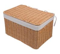 ROMISBABA Cesta de Mimbre Pequeña con Tapa y Asas Dobles Cesta de Almacenamiento 28x18x15 Cm con Forro Interior Libros y Juguetes Organizador para Armario y Hogar