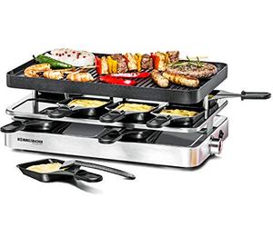 ROMMELSBACHER Raclette Grill RC 1400 - Placa reversible para asar y crepes, 8 sartenes, revestimiento antiadherente, interruptor de encendido/apagado, regulación de temperatura continua, acero