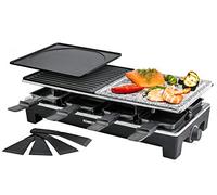 ROMMELSBACHER Raclette Grill RCS - 2 parrillas reversibles, 1 plancha de piedra, 8 sartenes, 8 rascadores, revestimiento antiadherente Xylan Plus, control de temperatura continuo, 1350 W, negro/acero
